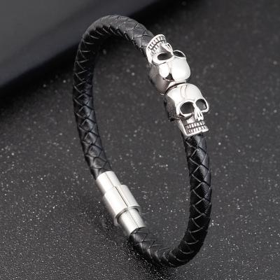 China 2021 CLASSIC Fashion Stainless Steel Jewelry Natual Silver Skull Bracelet Leather Trim For Men Wholesale for sale