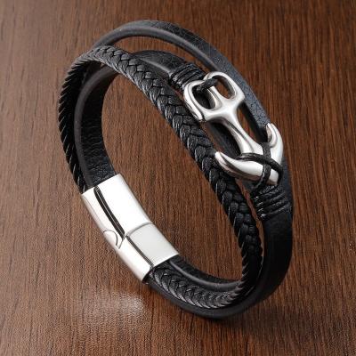 China New Arrival Casual/Sporty Black Anchor Genuine Leather Silver Men's Braided Multilayer Bracelet For Men's Jewelry Gift for sale