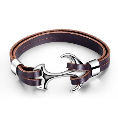 China Wholesale High Quality Casual/Sporty Brown 316L Stainless Steel Anchor Genuine Leather Bracelet For Men for sale