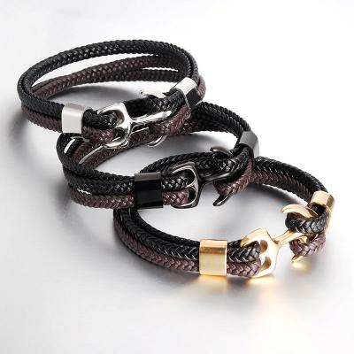 China Jewelry Double Bangle Stainless Steel Leather Bracelet Handmade High Quality Braided Leather Casual/Sporty Anchor for sale