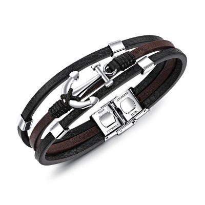 China High Quality Casual/Sporty Adjustable Clasp Anchor Bracelet Waterproof Leather Silver For Men And Women for sale