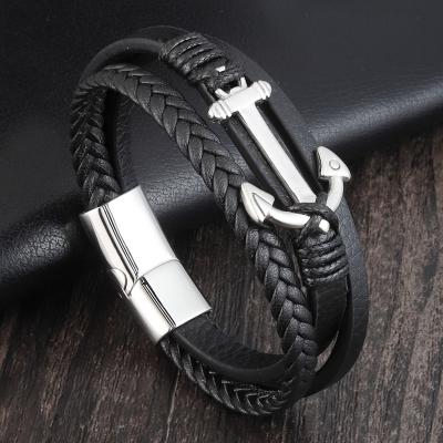 China High Quality Cool Vintage Anchor Multi Layer Men's Jewelry Bangle Bracelet Fine Leather for sale