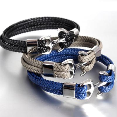 China Wholesale Fashion Antique Titanium Steel Genuine Leather Braided Rope Men's Anchor Bracelet Custom Logo jewellry for sale