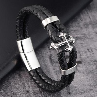 China 2021 Newest Multy-Layers High Quality Casual/Sports Braided Leather Jewelry Christian Men Cross Bracelet 316L for sale