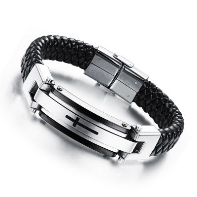 China Cool Stainless Steel Cross Luxury Adjustable Mens Fashion Classic Fashion Jewelry Bangle Bracelet Genuine Leather for sale