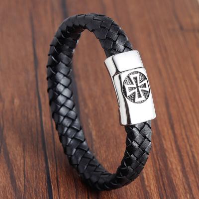 China Luxury Clasp Mens Stainless Steel Christian Cross Braided Rope Leather Religious Bracelet for sale