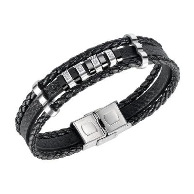 China Jewelry Bracelet 21cm Black Leather 316 Stainless Steel Adjustable Braided Bracelet Casual/Sporty Quality With Zircon Stone for sale