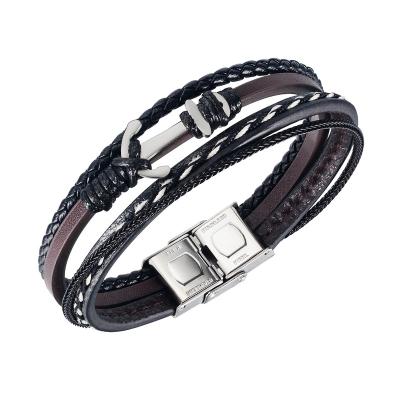 China Vintage Luxury Fiber Leather Stainless Steel Mens Jewelry Adjustable Marines Anchor Double Wrap Bracelet for sale