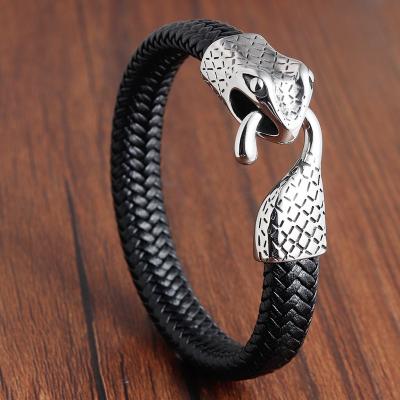 China Vintage Custom Fashion Braided Stainless Steel Python Snake Charm Cuff Bracelet Leather Men Bracelets Jewelry for sale