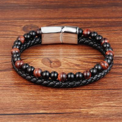 China Hotsale casual/sporty Tiger Eyes Jewelery Black Leather beaded charm bracelet for men for sale