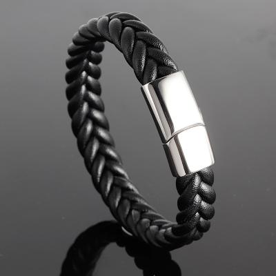 China Stainless Steel Casual/Sports Premium Magnetic Clasp Men's Bracelet Jewelry Genuine Leather Wholesale for sale