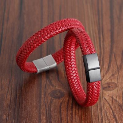 China Wholesale Simple Braided Mens Simple Jewelry Red Genuine Leather Bracelet with Steel Magnetic Clasp for sale