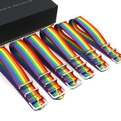 China Wholesale Stocked Fabric Rainbow NATO Band 20mm 22mm Twill Striped Nylon Watch Strap for sale