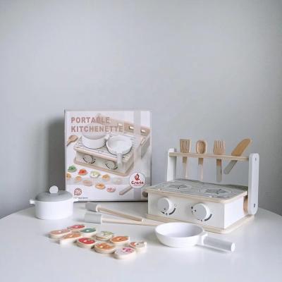 China Kitchen Toy Portable Small Kitchen Barbecue White Kitchen Two In One House Wooden Toys for sale