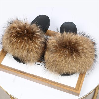 China Summer Women Furry Fashion Trend Designer Fox Fur Flat Slides Wholesale Luxury Real Fur Slippers for sale