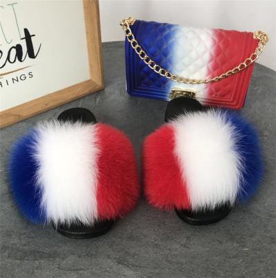 China Wholesale Fashion Trend Luxury Slippers Set Real Fur Multicolor Fluffy Slides With Purse Set for sale