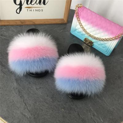 China Fashion Trend Latest Luxury Slippers Set Real Multicolor Fluffy Raccoon Fox Fur Slides And Purse for sale