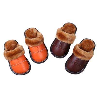 China Winter Warm Flat Leather Slippers Cotton Home Slippers Non-Slip Breathable Indoor Slippers for sale