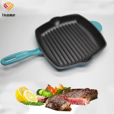 China Minimalist Ihome 11 Inch Grill Pan For Pan Square Steak Bacon Pan Nonstick Stovetop Induction Cast Iron Red Cookware for sale