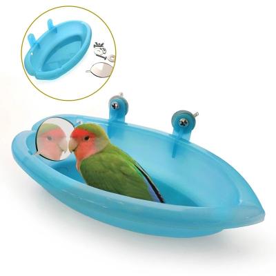 China 1Pc Viable Parrot Bath With Mirror Pet Cage Accessories Pour Out Box Birdcage Pet Parrot Cage Toy for sale