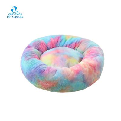 China Wholesale Viable Manufacturer Soft Luxury Plush Pet Cat Dog Rainbow Plush Dog Bed Donut Dog Bed for sale