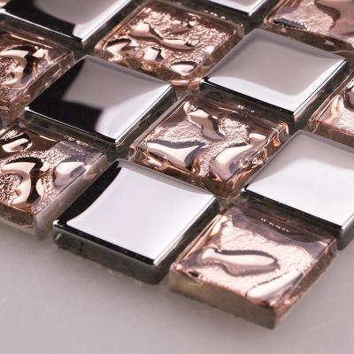 China Modern decorative pink gold glitter mirror wall 3d glass mosaic tiles for kitchen backsplash bathroom for sale