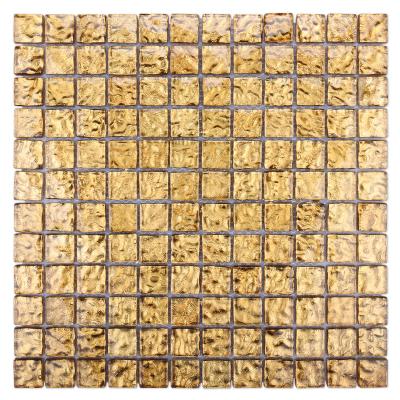 China Foshan Factory Shape Square Crystal Shiny Gold Color Parquet Gold Foil Glass Mosaic Slab for sale