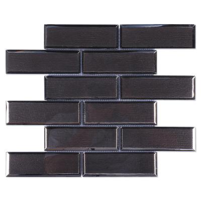 China Modern Design 3D Subway Bevel Edge Wood Grain Dark Brown Glass Tiles Mosaics for sale