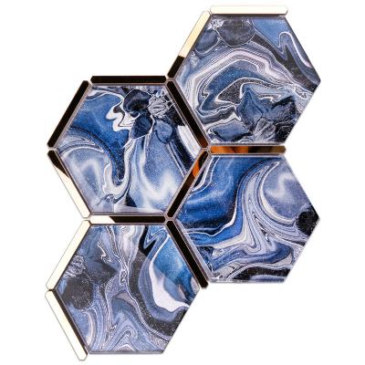 China Factory price modern mosaicos de vidrio laminated hexagon crystal glass honeycomb crystal glass dark blue gold white mosaics for sale