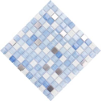 China Cheap price mosaico square parquet blue white brushed stainless steel glass bathroom tiles wall mosaics for sale