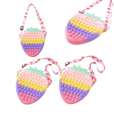 China Funny Educational Noise Toy New Silicone Strawberry Zipper Clips Kid Coin Silicone Shoulder Noise Bag For Girl Women for sale