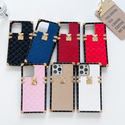 China Anti-fall Brand Luxury Designers Square Phone Case Women PU Leather Cover Proliferate Cell Phone Case For Iphone 12 for sale