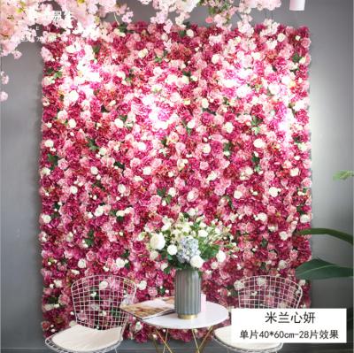 China Environmental Friendly Bright Red Rose Artificial Silk Wedding Decorative Flower Wall Hanger Handmade Flower Wall for sale