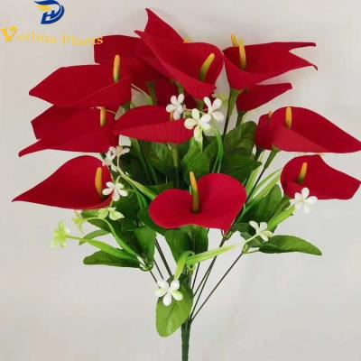 China Wholesale Red Silk Anthurium Artificial Flowers Home Decor Environmental Friendly In Decorative Pots for sale