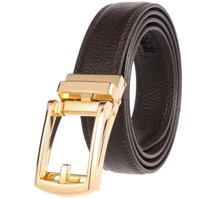 China Fashion.Casual.Business Custom Genuine Leather Belt Man's Automatic Belts For Men Cowhide Emboss Logo Ratchet Belt Gold Buckle for sale