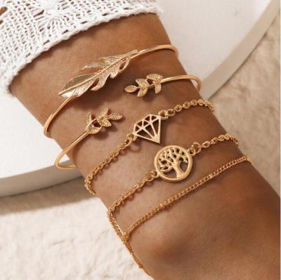 China 5pcs/sets Leaf Tree TRENDY Bohemian Bracelets For Women Charms Hollow Out Geometry Open Bangles Adjustable Jewelry for sale