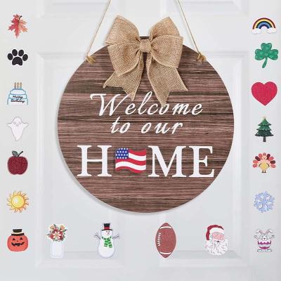 China Log Interchangeable Nautical Wooden Seasonal Welcome Sign Door Pendant Front Door Sign with Burlap Bow with Seasonal 19 Ornament for sale