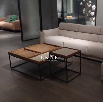 China Living Room Square Shaped Metal Frame Wooden Modern Coffee Table for sale