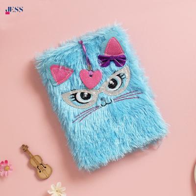 China 2019 Hardcover Cartoon Cat Blue A5 Plush Fluffy Diary Notebook for sale