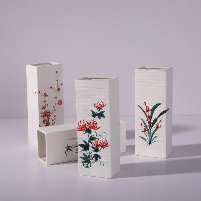 China Wholesale Minimalist Chinese Style Vase Ornaments Hand Painted Square White Ceramic Flower Vase for sale