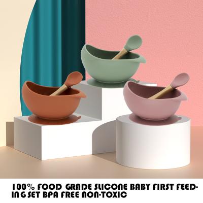 China 1set Silicon Baby Feeding Bowl Set Baby Learning Dishes Suction Bowl Set Non-slip Cute Toddler Wooden Bowl Spoon for sale