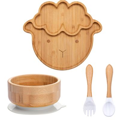 China 4Pcs Baby Latex Free Suction Cup Silicone Latex Free Feeding Bowl Baby Fork Waterproof Non-Slip Bamboo Spoon Infant Tableware Set for sale