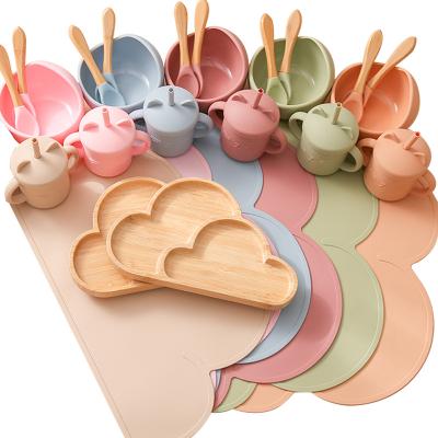 China 6Pcs Latex Dinner Wooden Baby Dish Silicone Free Baby Feeding Supplies Set Kids Bamboo Tableware Baby Tableware Gift Set for sale