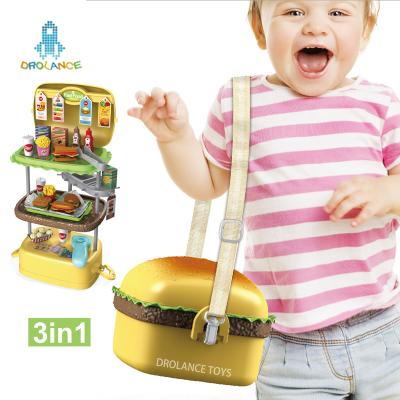 China 3 IN 1 Hamburger Backpack Food Toy With 63PCS Accessories 3 IN 1 Backpack Suitcase Role Play Fast Grocery Toys Plastic Hamburger Toy Hamburger Toy for sale