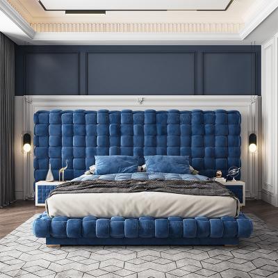 China Ali Rich Large Bed Headboard Blue Suede Velvet Bed Frame Basket Weave Tufted Tufted Beds for sale