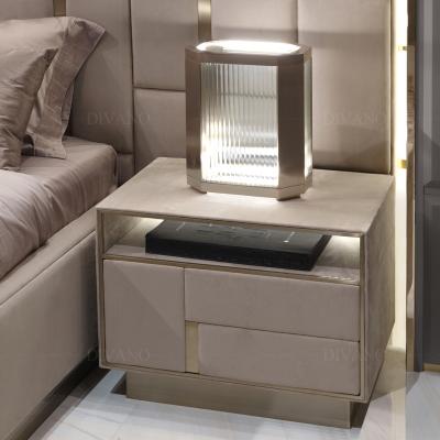 China Minimalism Leather Style Furniture Contemporary Metal Mirrored Luxury Bedroom Night Stand for sale