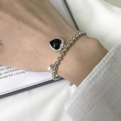 China Fashionable Silver 925 Jewelry Black Agate Heart Charms Bangle Bracelet for sale