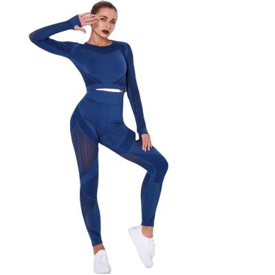 China 2021New Amazon Sports Seamless Net Yoga Quick-drying Hole Long Sleeve Striped Fitness Pants Yoga Suit for sale