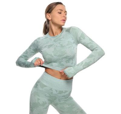 China Breathable Wholesale Camouflage Cavity Seamless Breathable Sports Back Crop Tops Long Sleeve Fitting Yoga Clothing for sale