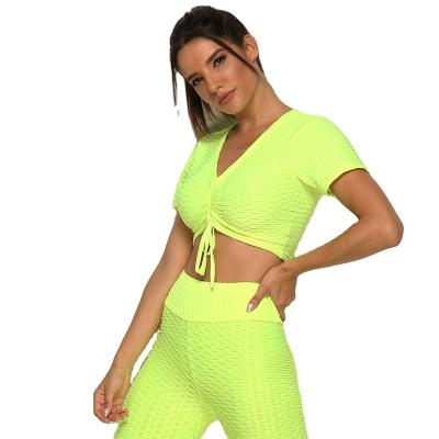 China Breathable Active Workout Deep Deep Short Sleeve Bubble Jacquard Collar Bubble Jacquard Collar Women Wear Solid Color Gym Yoga Tops for sale